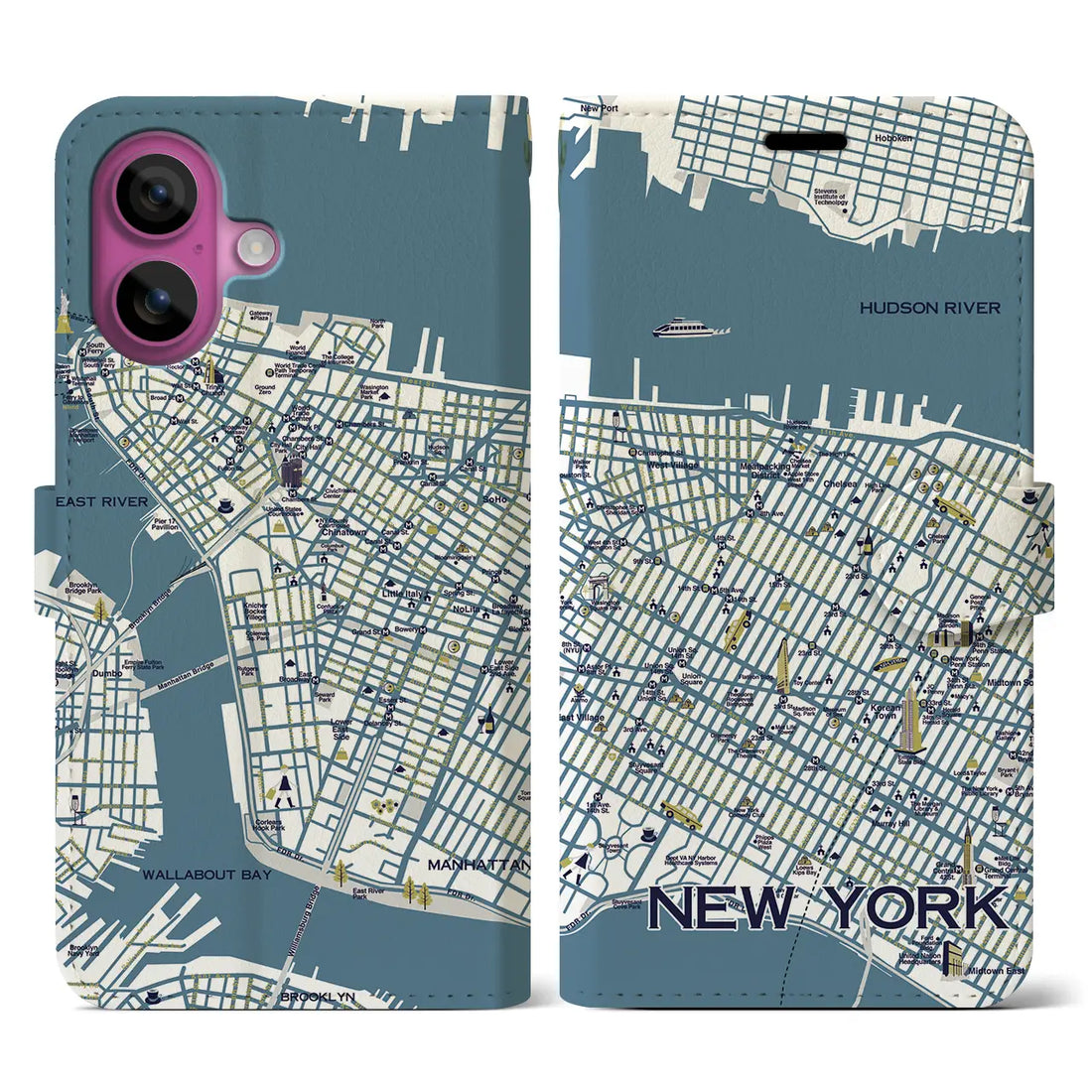 【ニューヨーク(イラスト)】イラストマップiPhoneケース(手帳タイプ)ブライト・iPhone 16 Pro 用