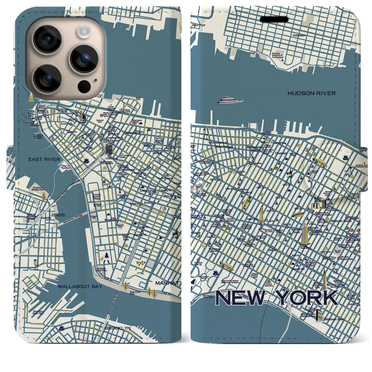 【ニューヨーク(イラスト)】イラストマップiPhoneケース(手帳タイプ)ブライト・iPhone 16 Plus 用