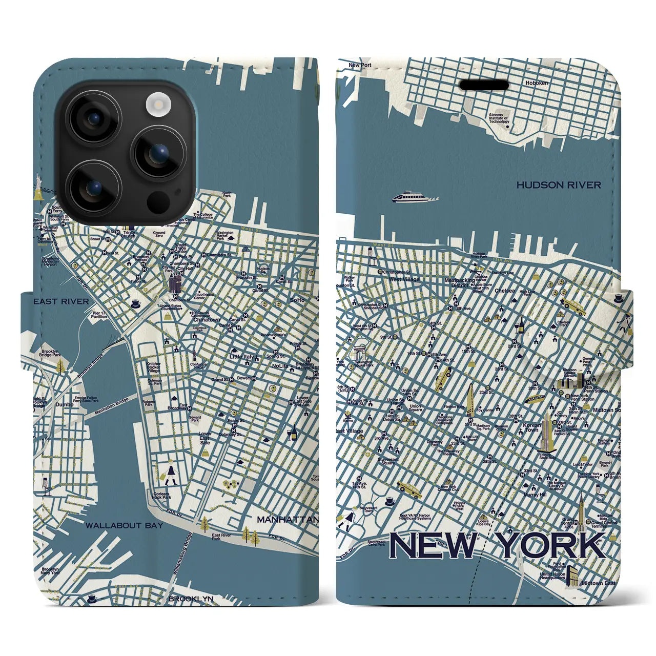 【ニューヨーク(イラスト)】イラストマップiPhoneケース(手帳タイプ)ブライト・iPhone 16 用