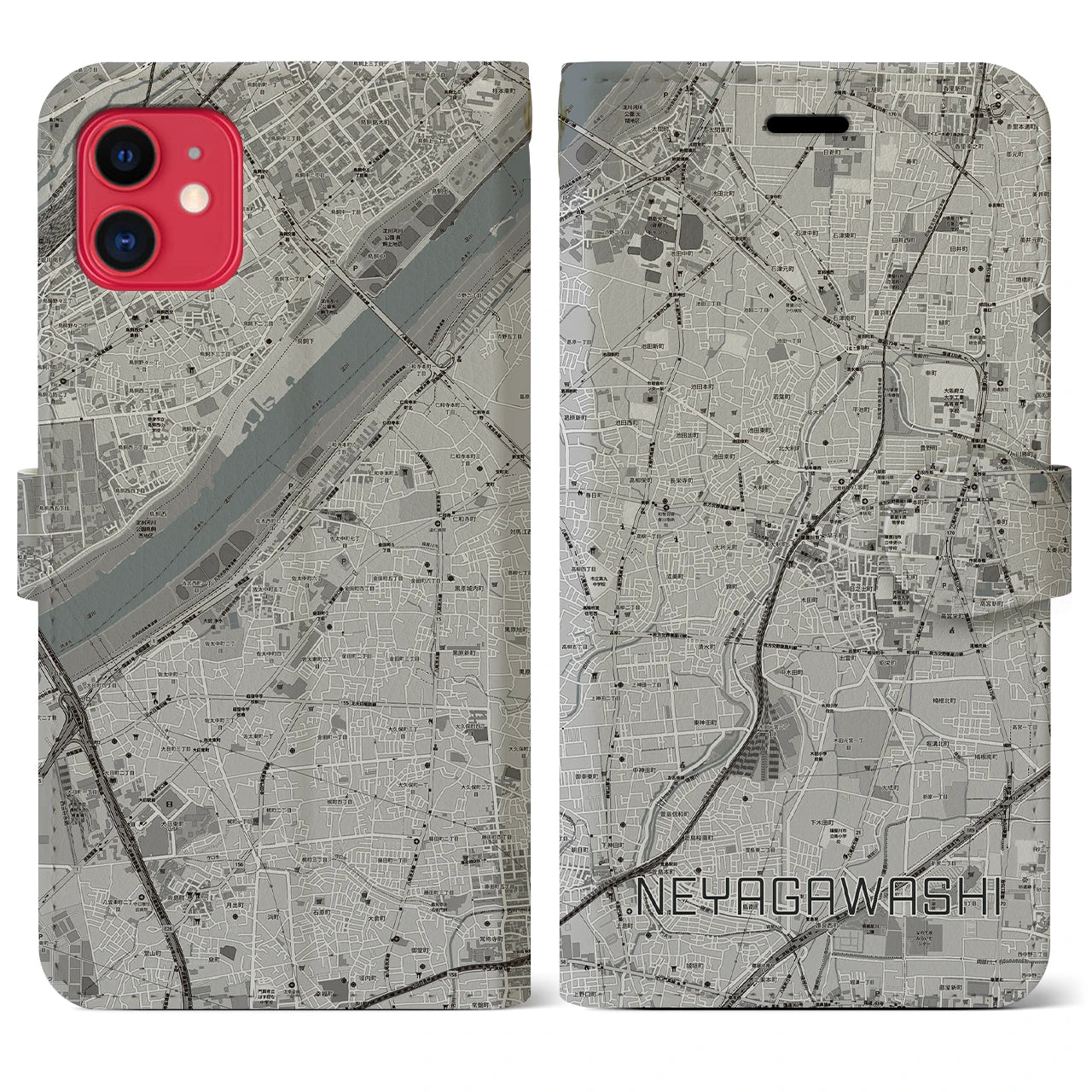 【寝屋川市(大阪府)】地図柄iPhoneケース(手帳タイプ)モノトーン・iPhone 11 用