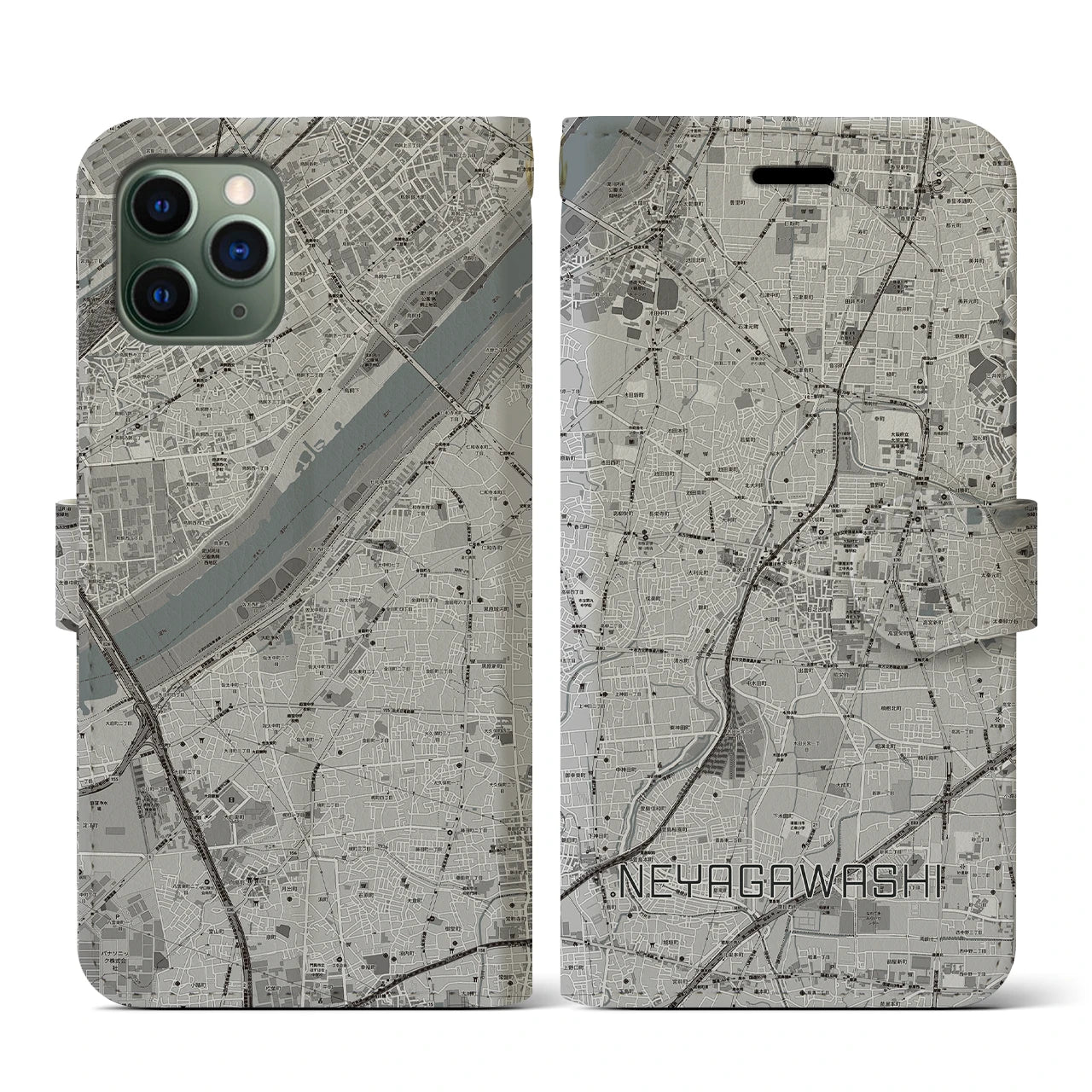 【寝屋川市(大阪府)】地図柄iPhoneケース(手帳タイプ)モノトーン・iPhone 11 Pro 用