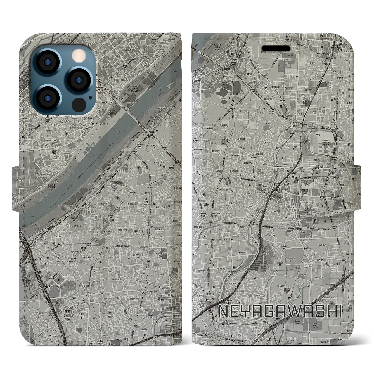 【寝屋川市(大阪府)】地図柄iPhoneケース(手帳タイプ)モノトーン・iPhone 12 / 12 Pro 用