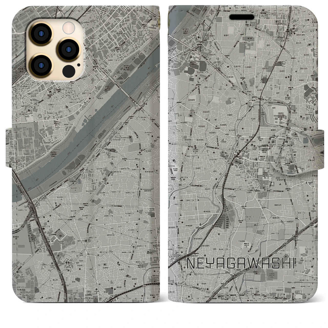 【寝屋川市(大阪府)】地図柄iPhoneケース(手帳タイプ)モノトーン・iPhone 12 Pro Max 用