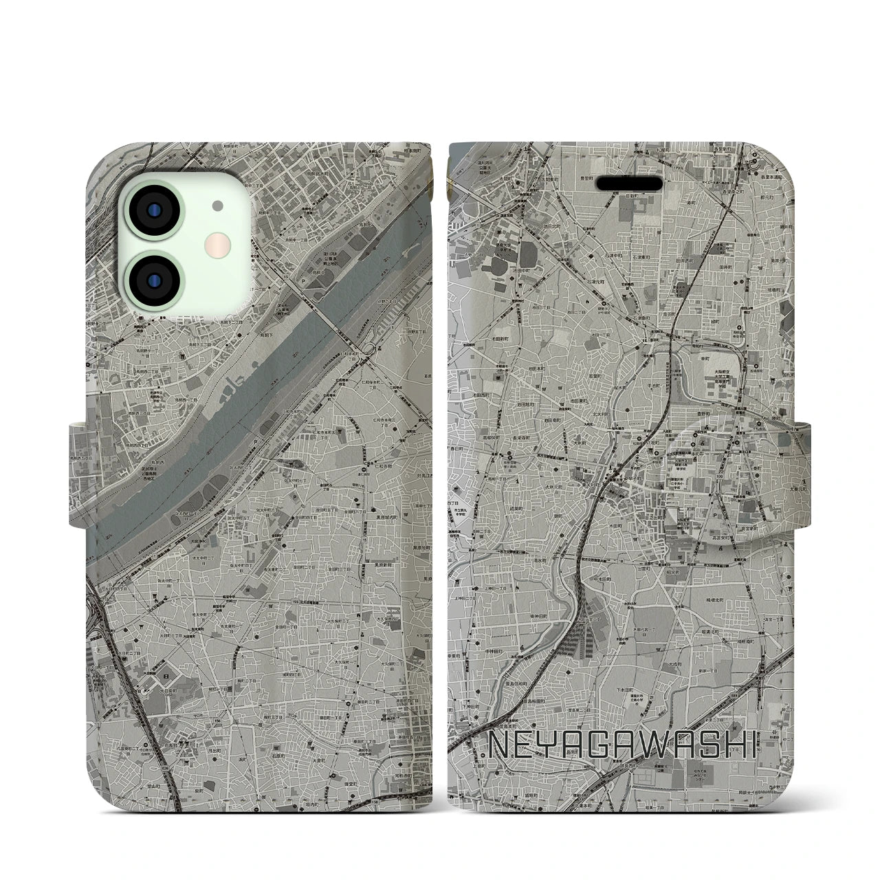 【寝屋川市(大阪府)】地図柄iPhoneケース(手帳タイプ)モノトーン・iPhone 12 mini 用