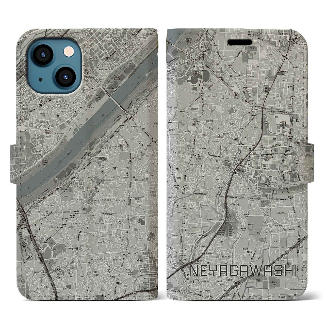 【寝屋川市(大阪府)】地図柄iPhoneケース(手帳タイプ)モノトーン・iPhone 13 用