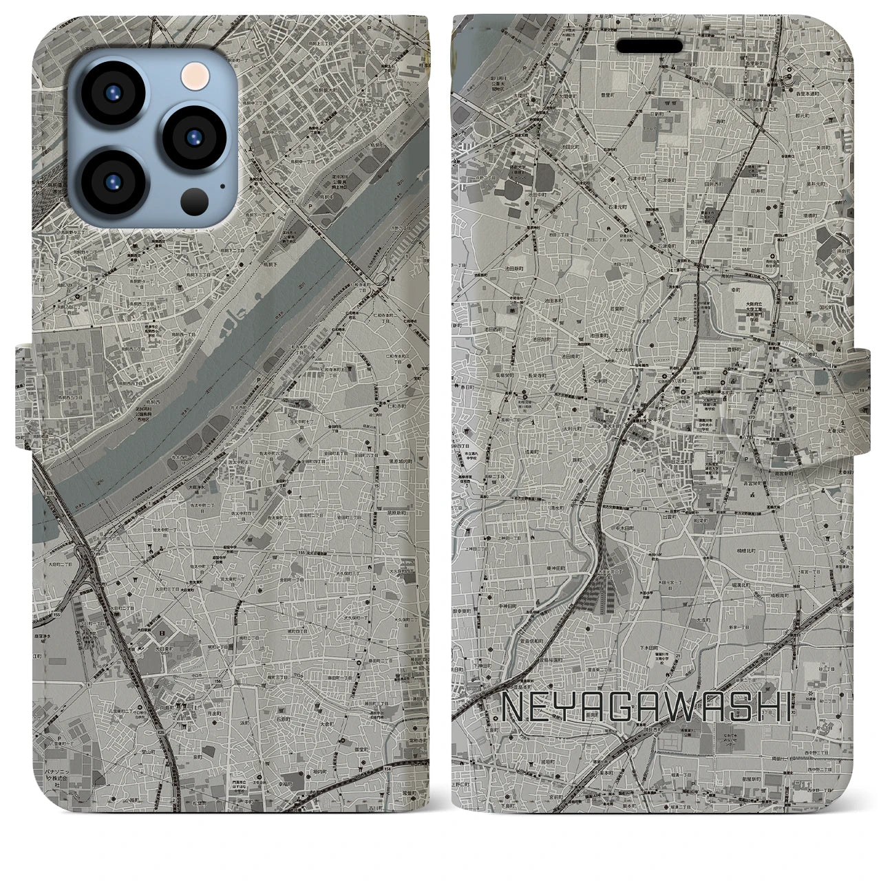 【寝屋川市(大阪府)】地図柄iPhoneケース(手帳タイプ)モノトーン・iPhone 13 Pro Max 用
