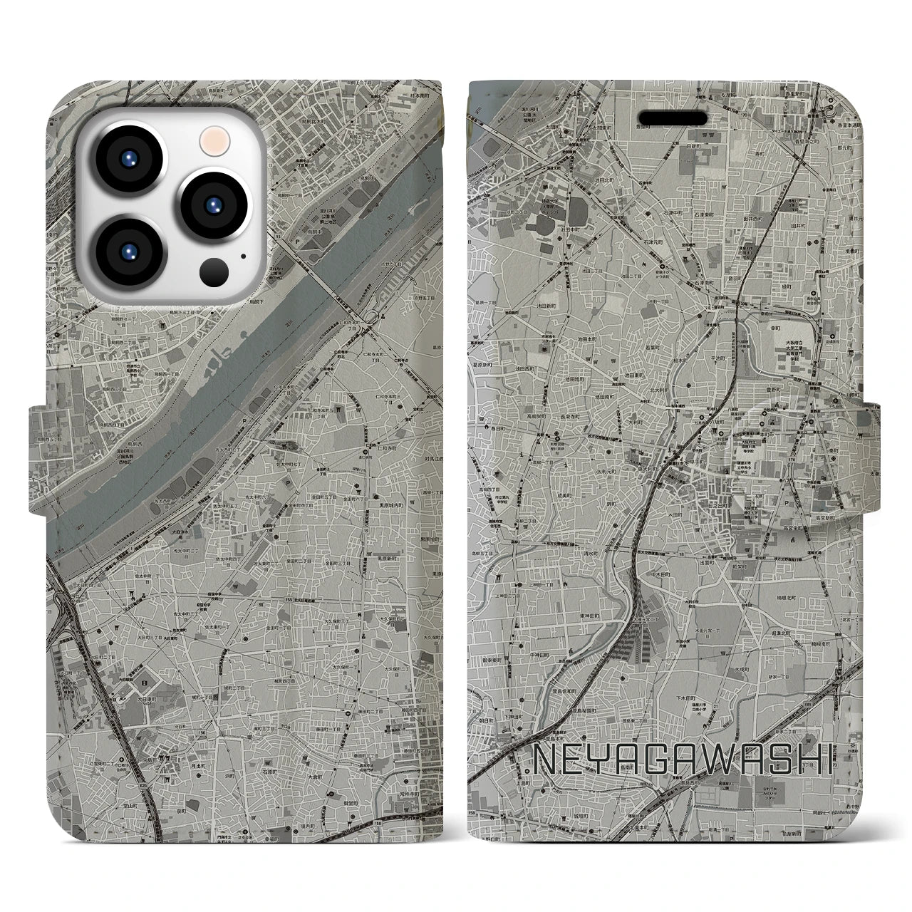 【寝屋川市(大阪府)】地図柄iPhoneケース(手帳タイプ)モノトーン・iPhone 13 Pro 用