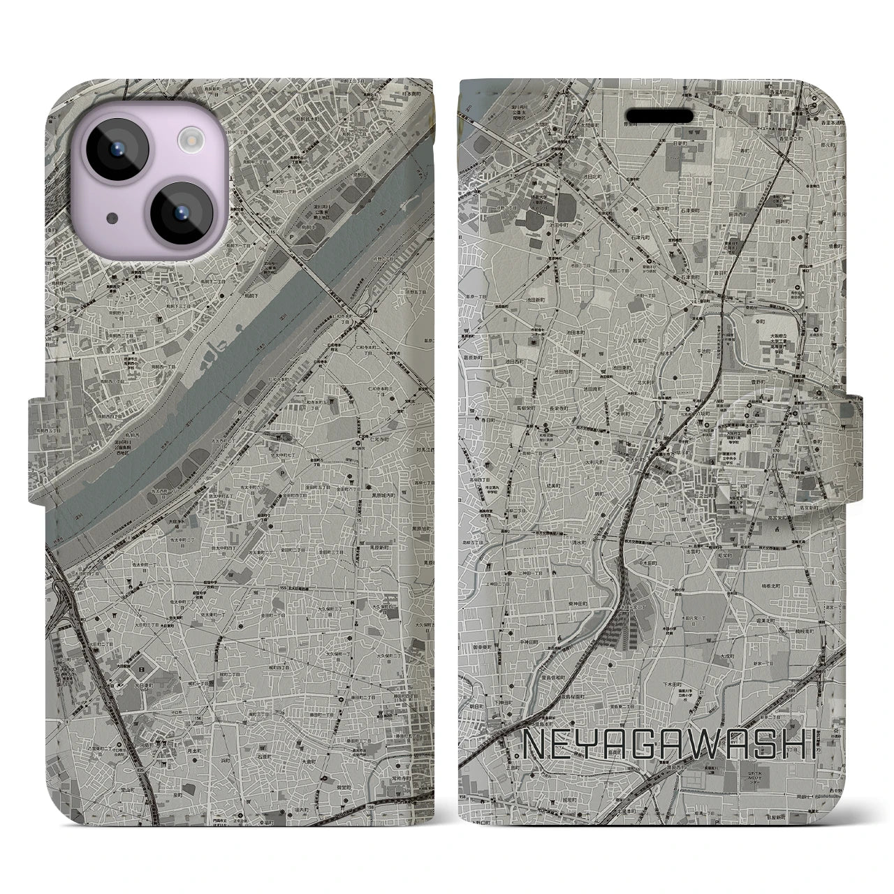 【寝屋川市(大阪府)】地図柄iPhoneケース(手帳タイプ)モノトーン・iPhone 14 用