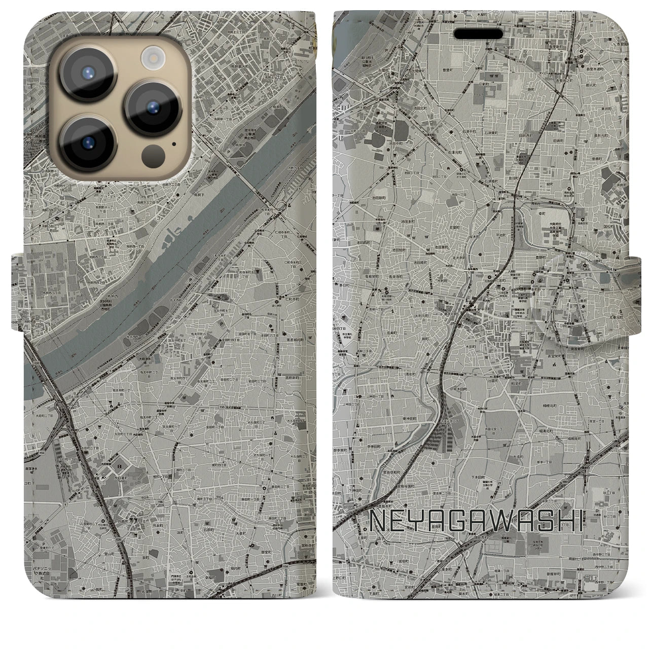 【寝屋川市(大阪府)】地図柄iPhoneケース(手帳タイプ)モノトーン・iPhone 14 Pro Max 用