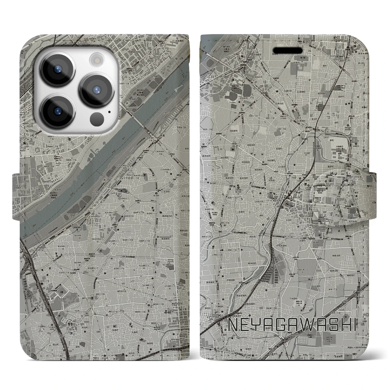【寝屋川市(大阪府)】地図柄iPhoneケース(手帳タイプ)モノトーン・iPhone 14 Pro 用