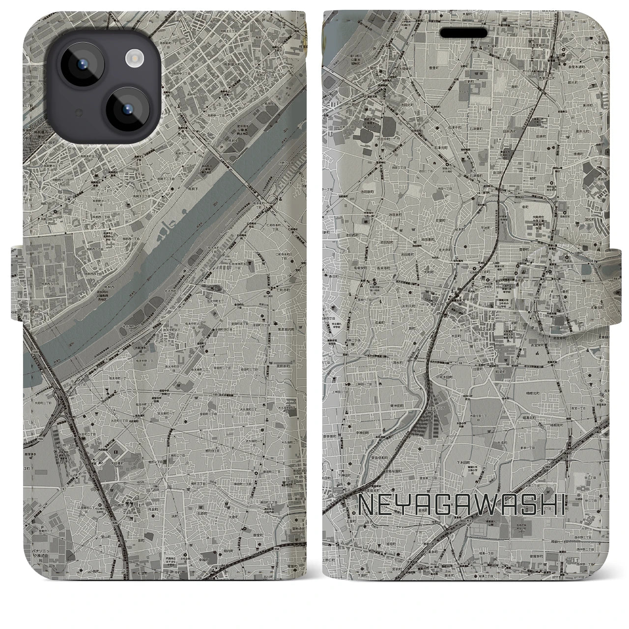 【寝屋川市(大阪府)】地図柄iPhoneケース(手帳タイプ)モノトーン・iPhone 14 Plus 用