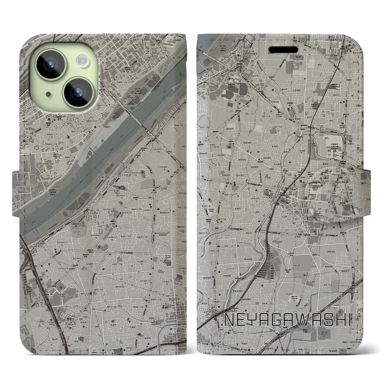 【寝屋川市(大阪府)】地図柄iPhoneケース(手帳タイプ)モノトーン・iPhone 15 用