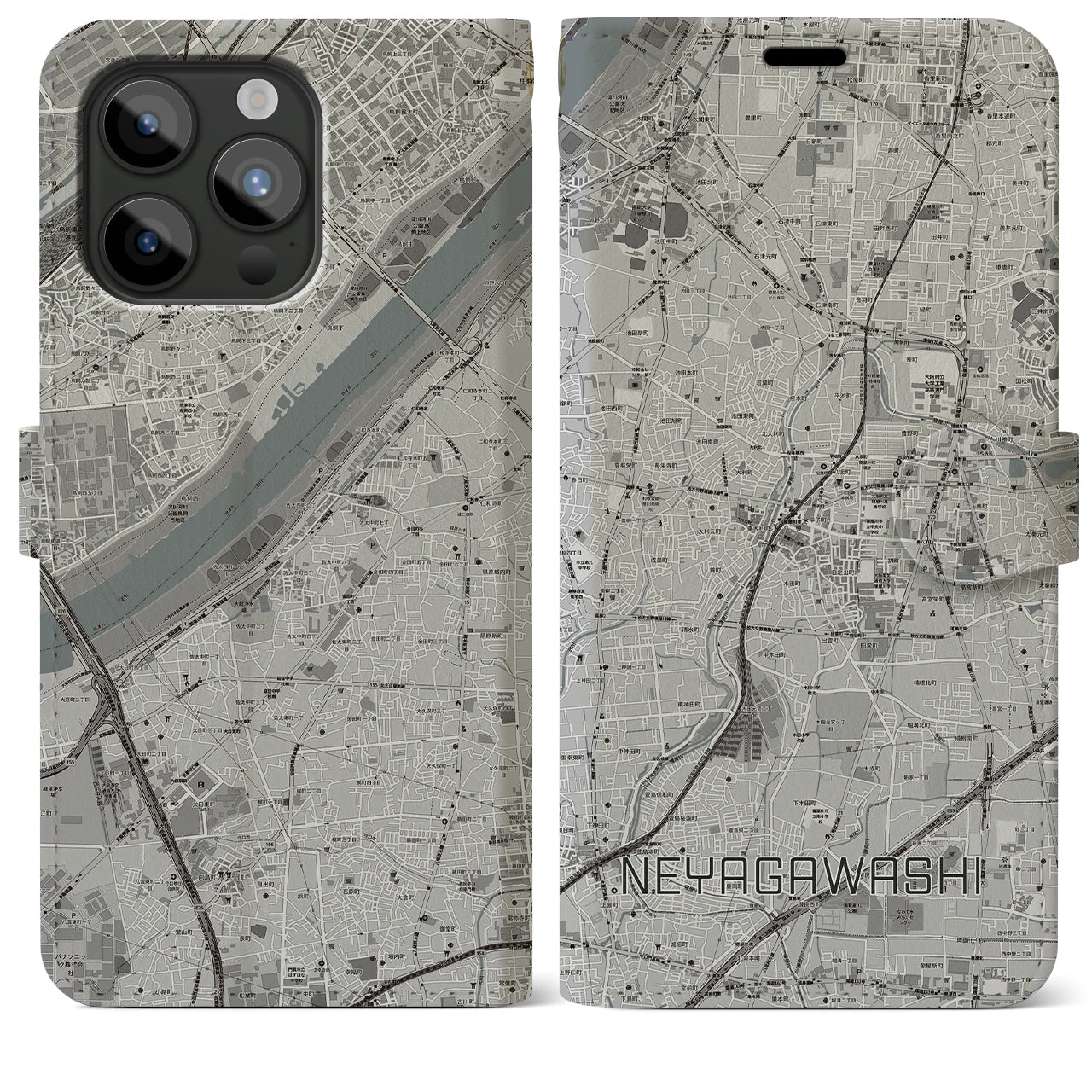 【寝屋川市(大阪府)】地図柄iPhoneケース(手帳タイプ)モノトーン・iPhone 15 Pro Max 用
