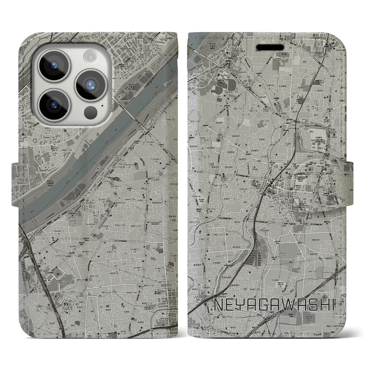 【寝屋川市(大阪府)】地図柄iPhoneケース(手帳タイプ)モノトーン・iPhone 15 Pro 用