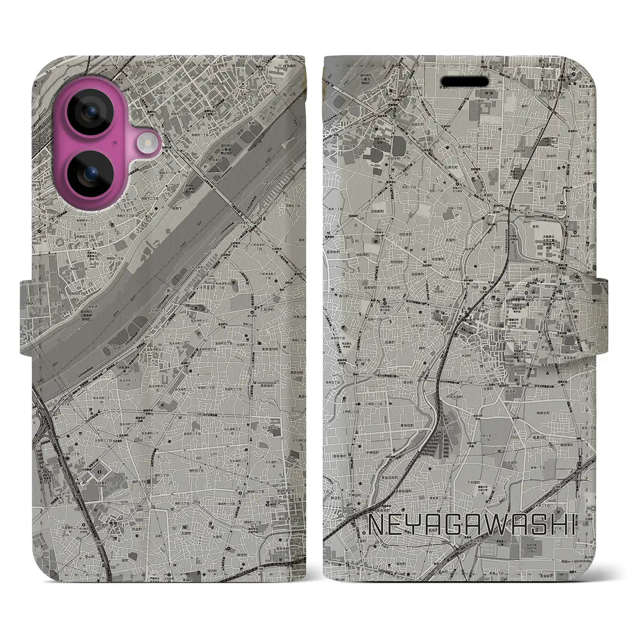 【寝屋川市(大阪府)】地図柄iPhoneケース(手帳タイプ)モノトーン・iPhone 16 Pro 用
