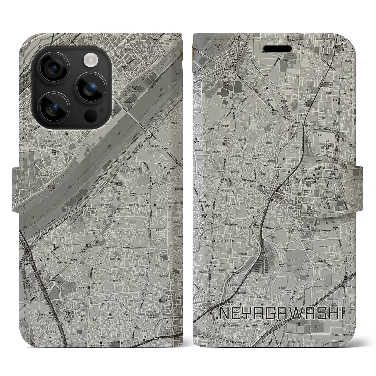 【寝屋川市(大阪府)】地図柄iPhoneケース(手帳タイプ)モノトーン・iPhone 16 用