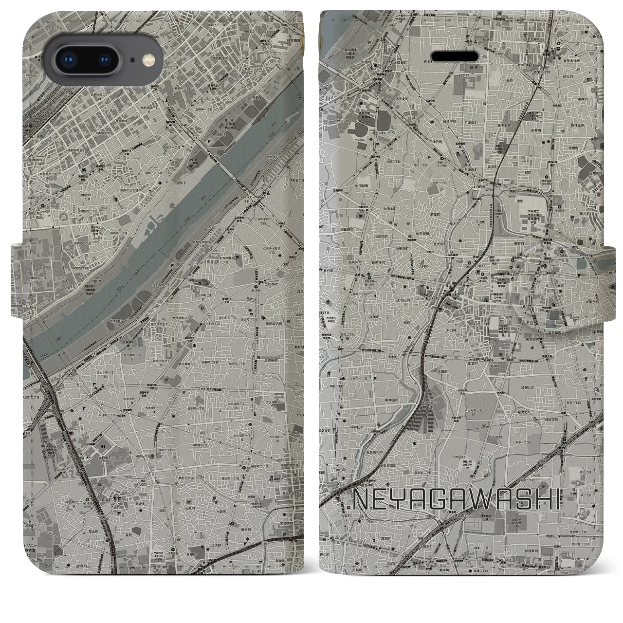 【寝屋川市(大阪府)】地図柄iPhoneケース(手帳タイプ)モノトーン・iPhone 8Plus /7Plus / 6sPlus / 6Plus 用