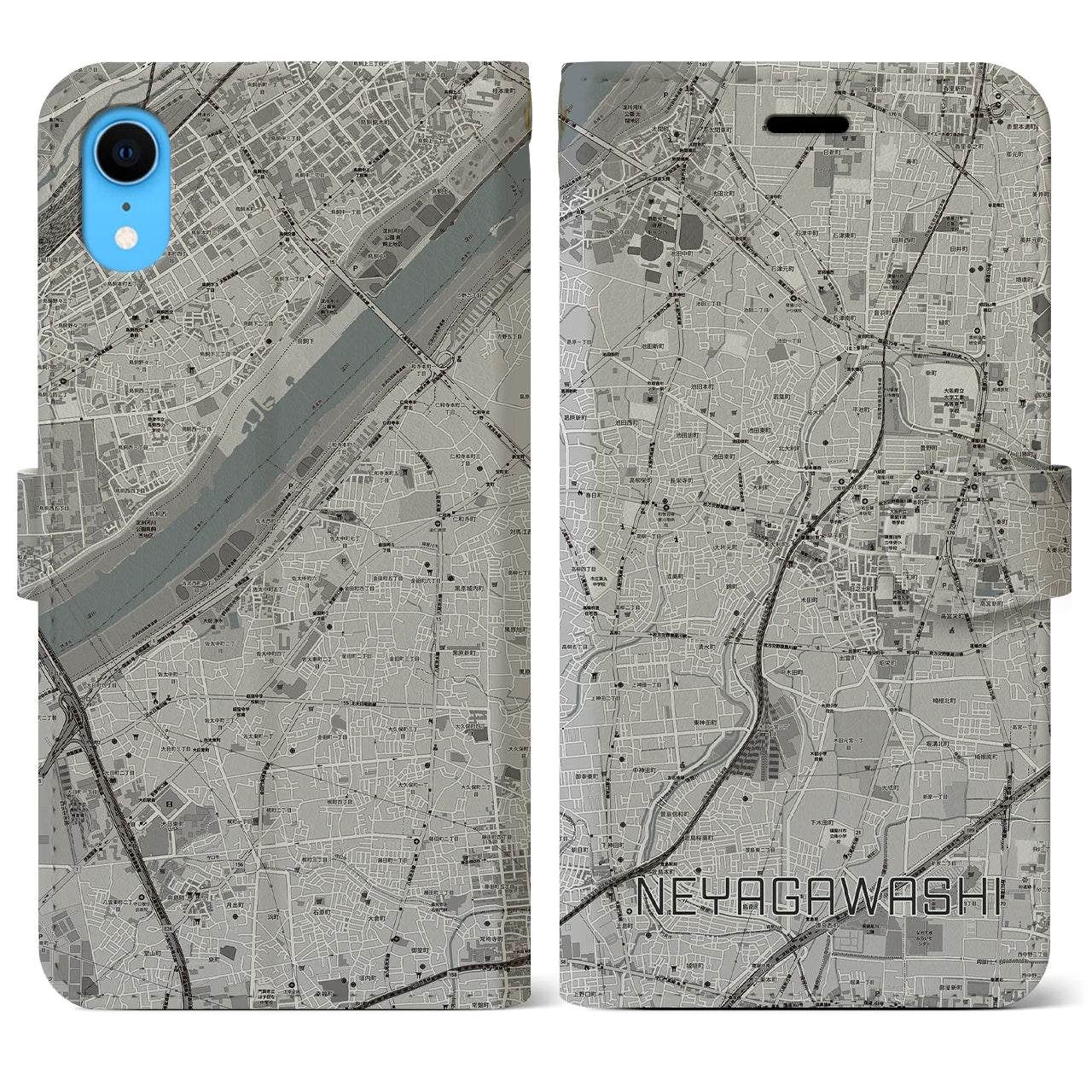 【寝屋川市(大阪府)】地図柄iPhoneケース(手帳タイプ)モノトーン・iPhone XR 用