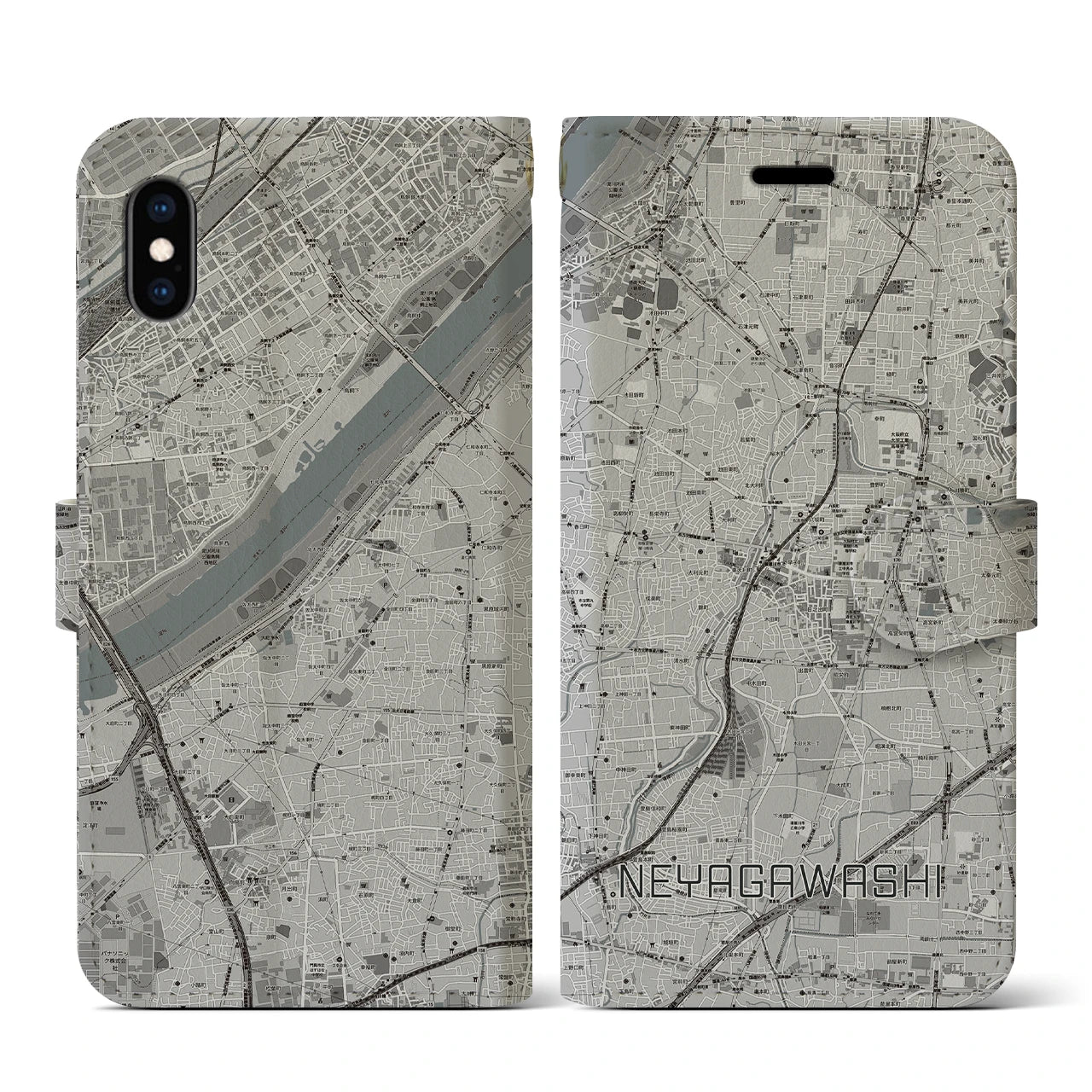 【寝屋川市(大阪府)】地図柄iPhoneケース(手帳タイプ)モノトーン・iPhone XS / X 用