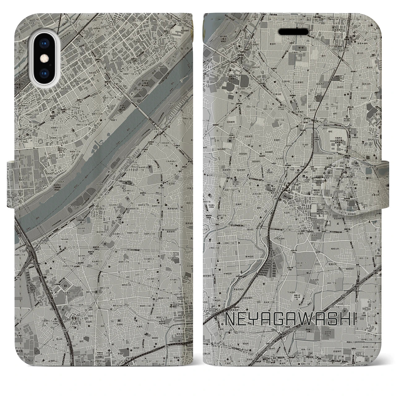 【寝屋川市(大阪府)】地図柄iPhoneケース(手帳タイプ)モノトーン・iPhone XS Max 用