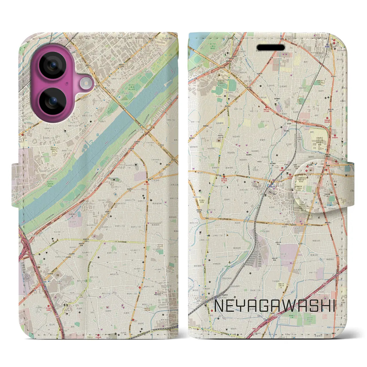 【寝屋川市(大阪府)】地図柄iPhoneケース(手帳タイプ)ナチュラル・iPhone 16 Pro 用