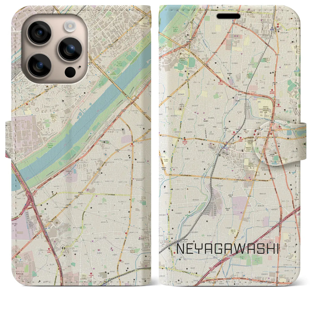 【寝屋川市(大阪府)】地図柄iPhoneケース(手帳タイプ)ナチュラル・iPhone 16 Plus 用