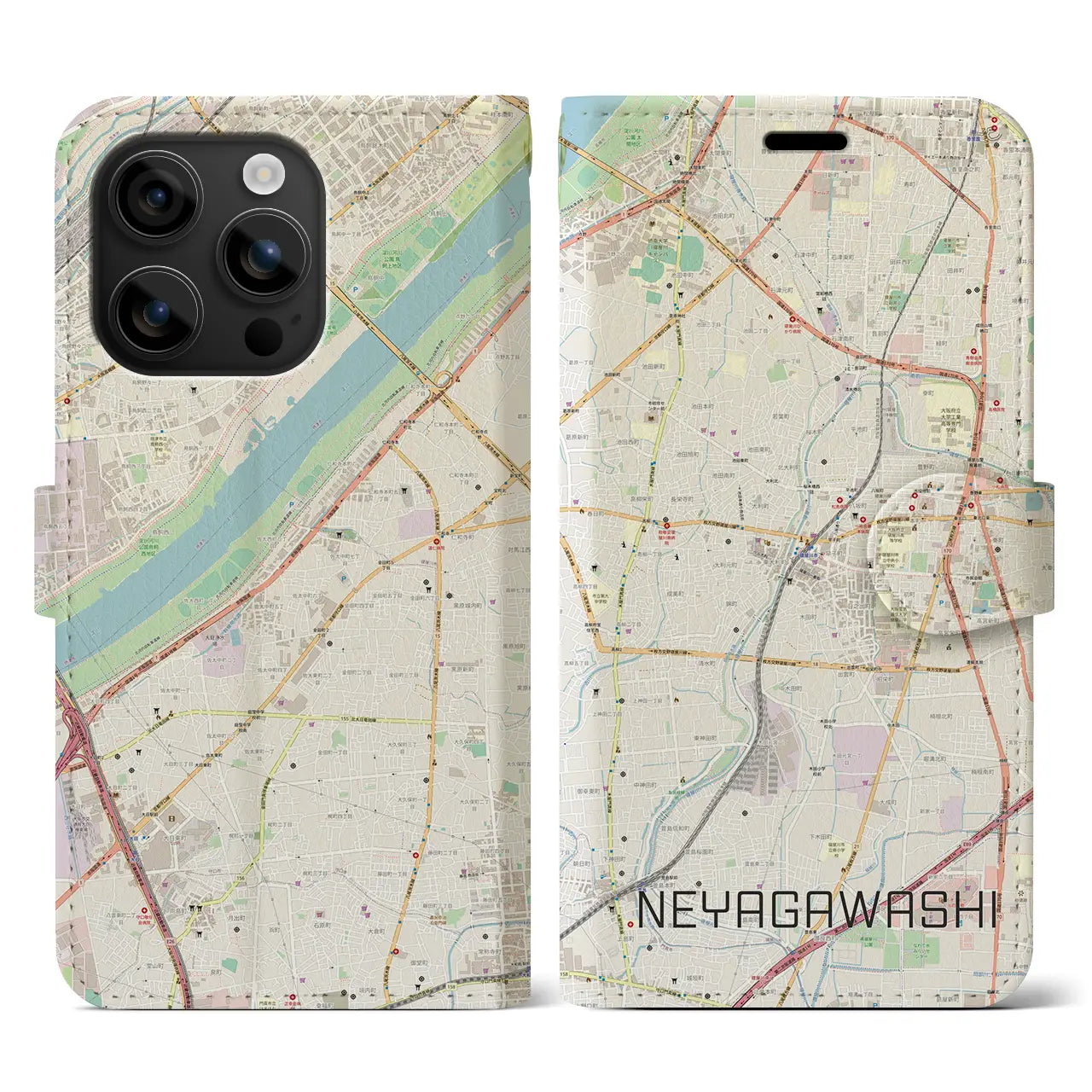 【寝屋川市(大阪府)】地図柄iPhoneケース(手帳タイプ)ナチュラル・iPhone 16 用