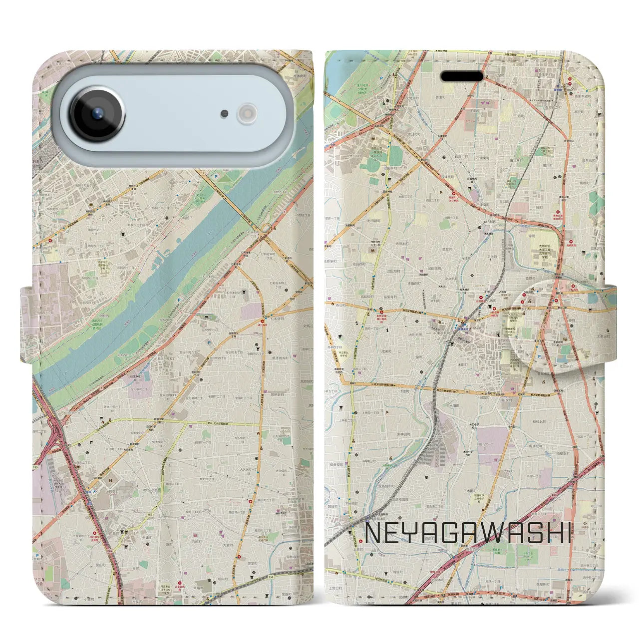 【寝屋川市(大阪府)】地図柄iPhoneケース(手帳タイプ)ナチュラル・iPhone 17 Pro Max 用