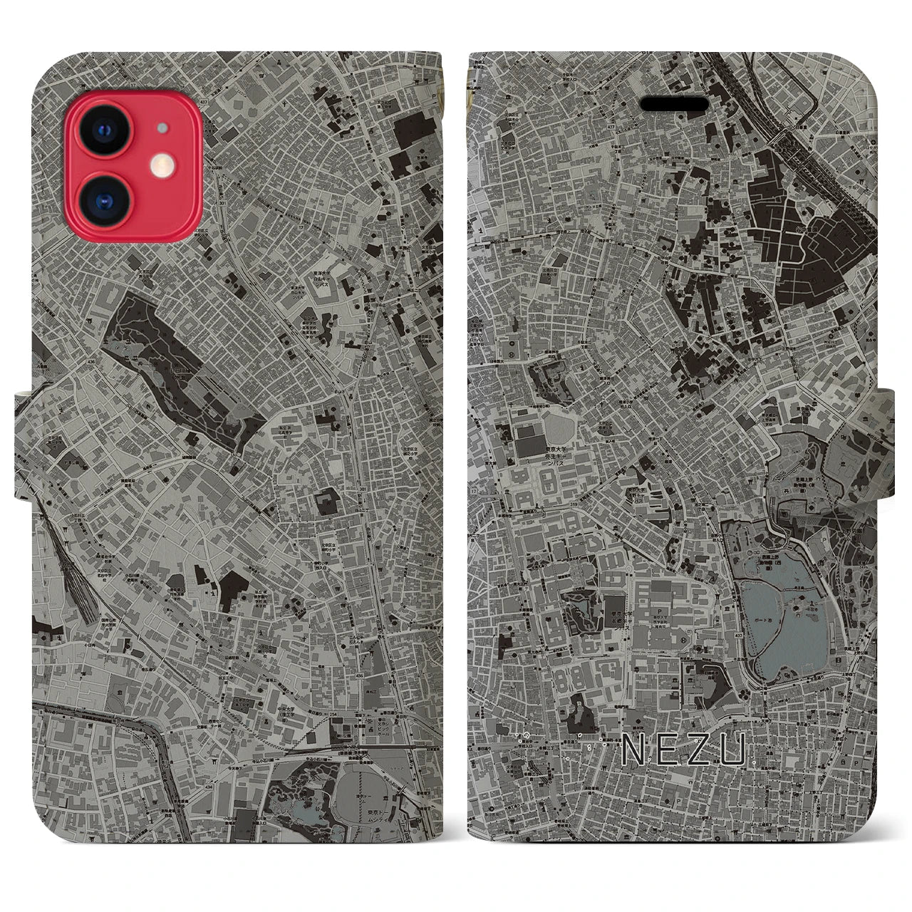 【根津(東京都)】地図柄iPhoneケース(手帳タイプ)モノトーン・iPhone 11 用