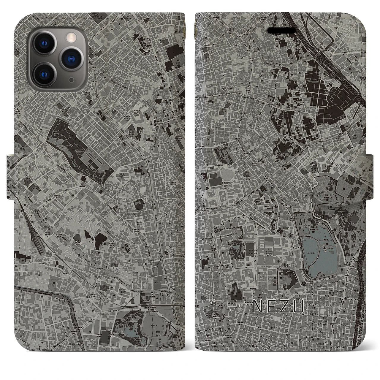 【根津(東京都)】地図柄iPhoneケース(手帳タイプ)モノトーン・iPhone 11 Pro Max 用