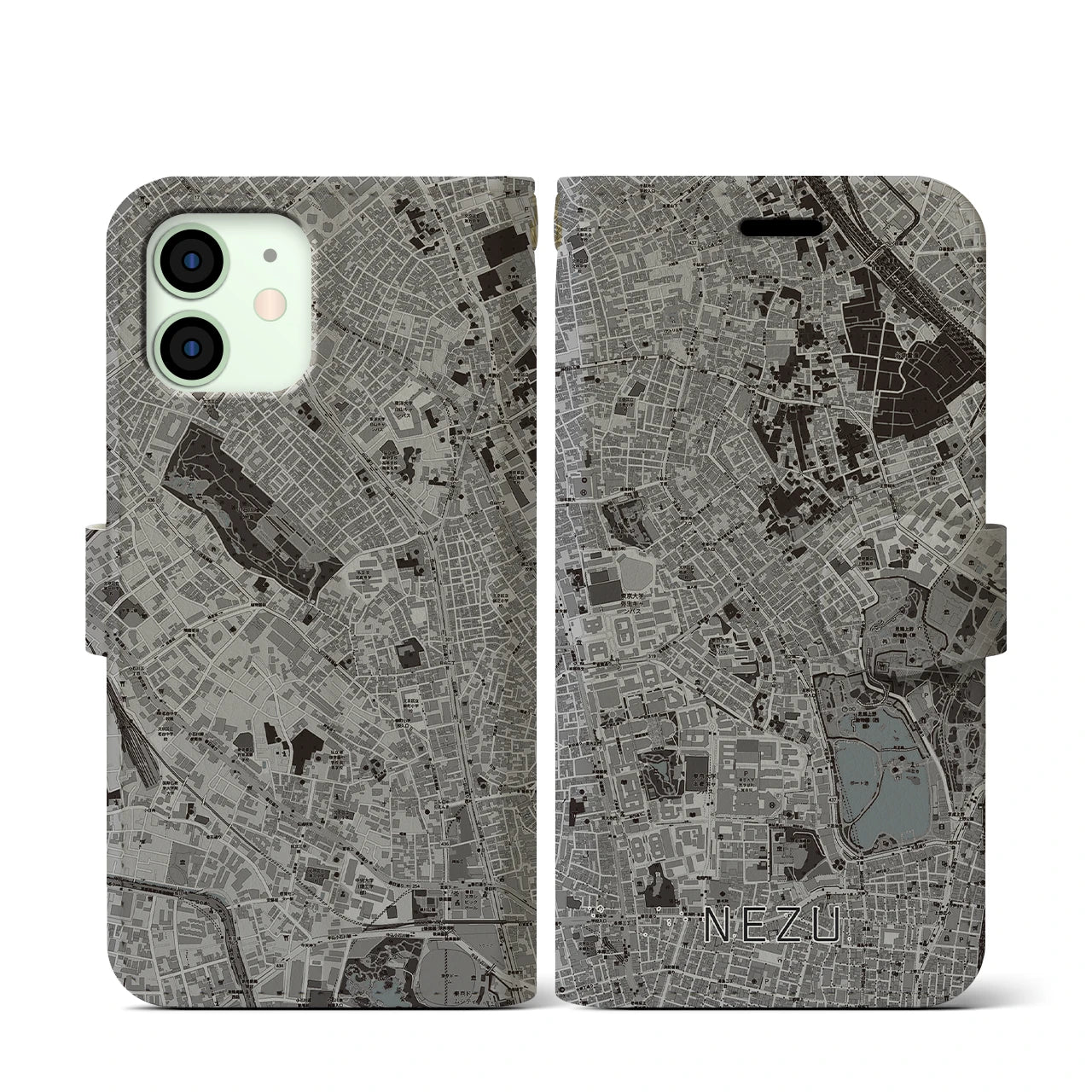【根津(東京都)】地図柄iPhoneケース(手帳タイプ)モノトーン・iPhone 12 mini 用