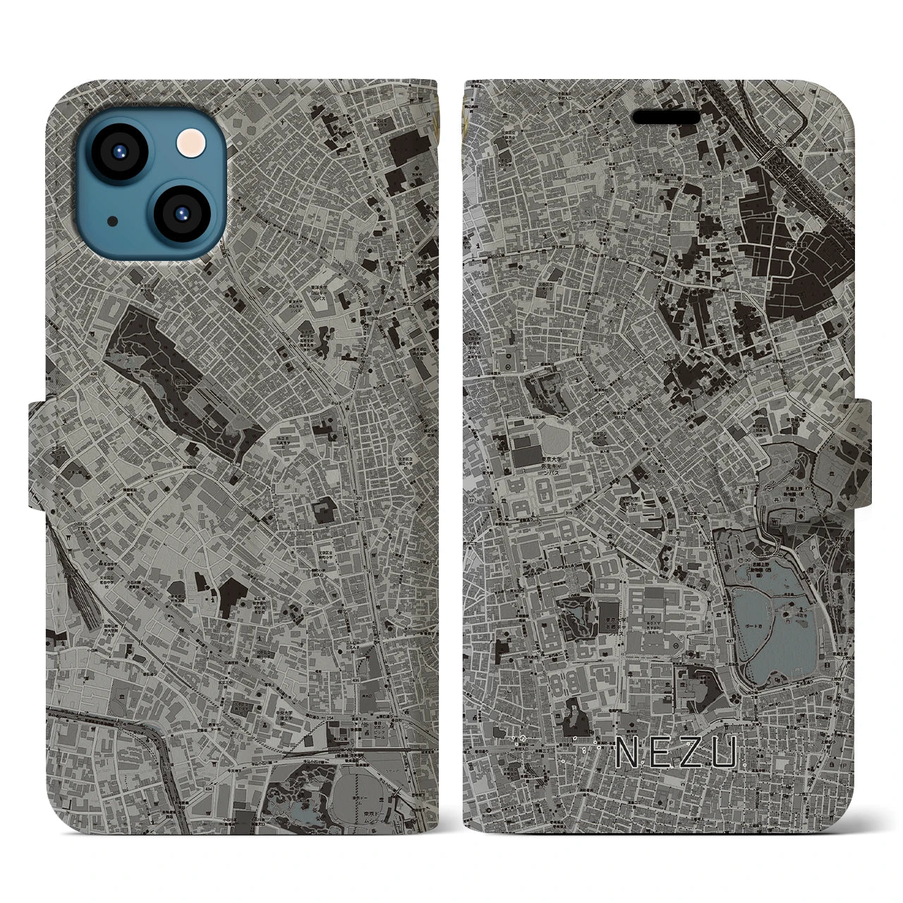【根津(東京都)】地図柄iPhoneケース(手帳タイプ)モノトーン・iPhone 13 用