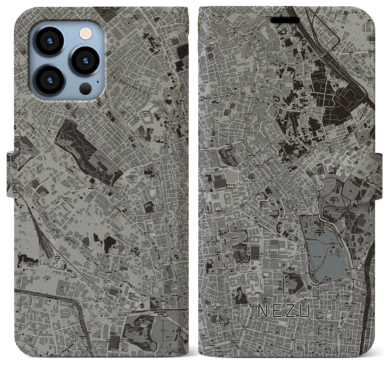 【根津(東京都)】地図柄iPhoneケース(手帳タイプ)モノトーン・iPhone 13 Pro Max 用