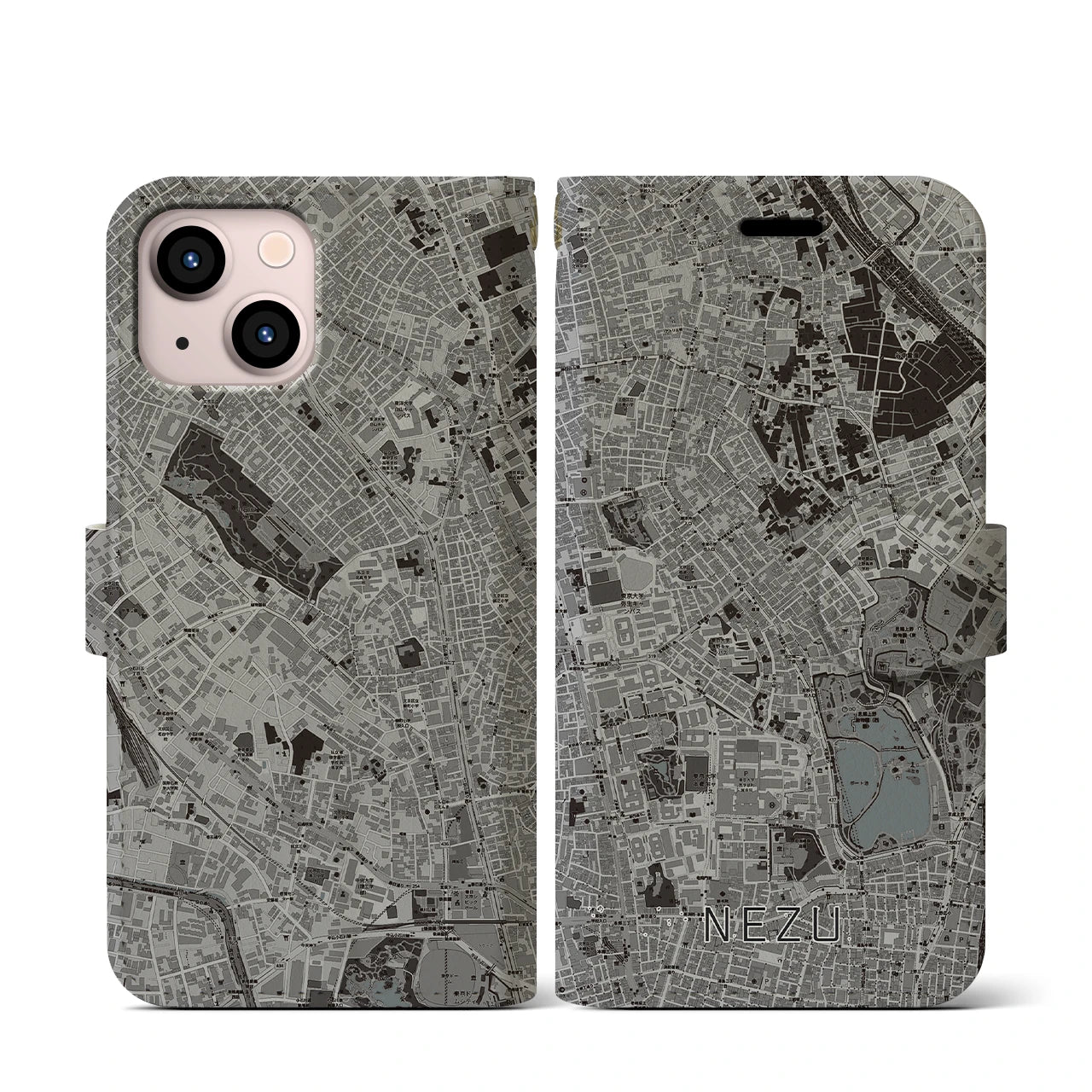 【根津(東京都)】地図柄iPhoneケース(手帳タイプ)モノトーン・iPhone 13 mini 用
