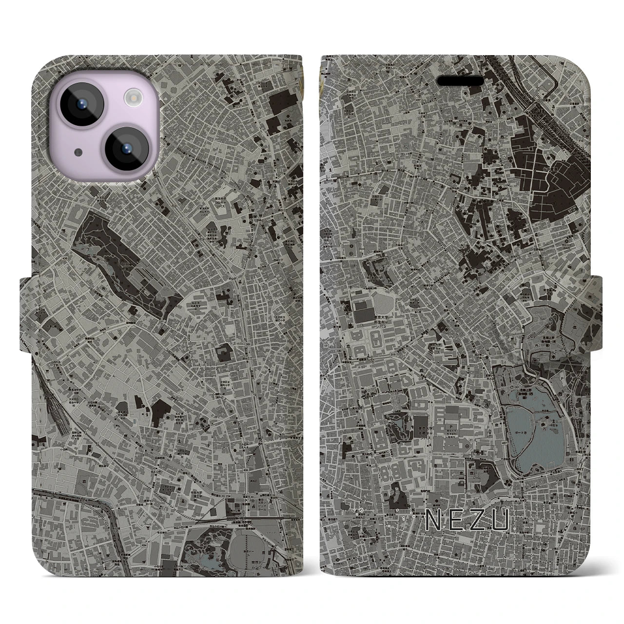 【根津(東京都)】地図柄iPhoneケース(手帳タイプ)モノトーン・iPhone 14 用