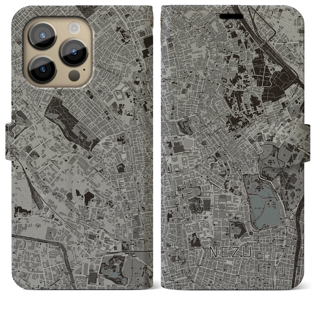 【根津(東京都)】地図柄iPhoneケース(手帳タイプ)モノトーン・iPhone 14 Pro Max 用