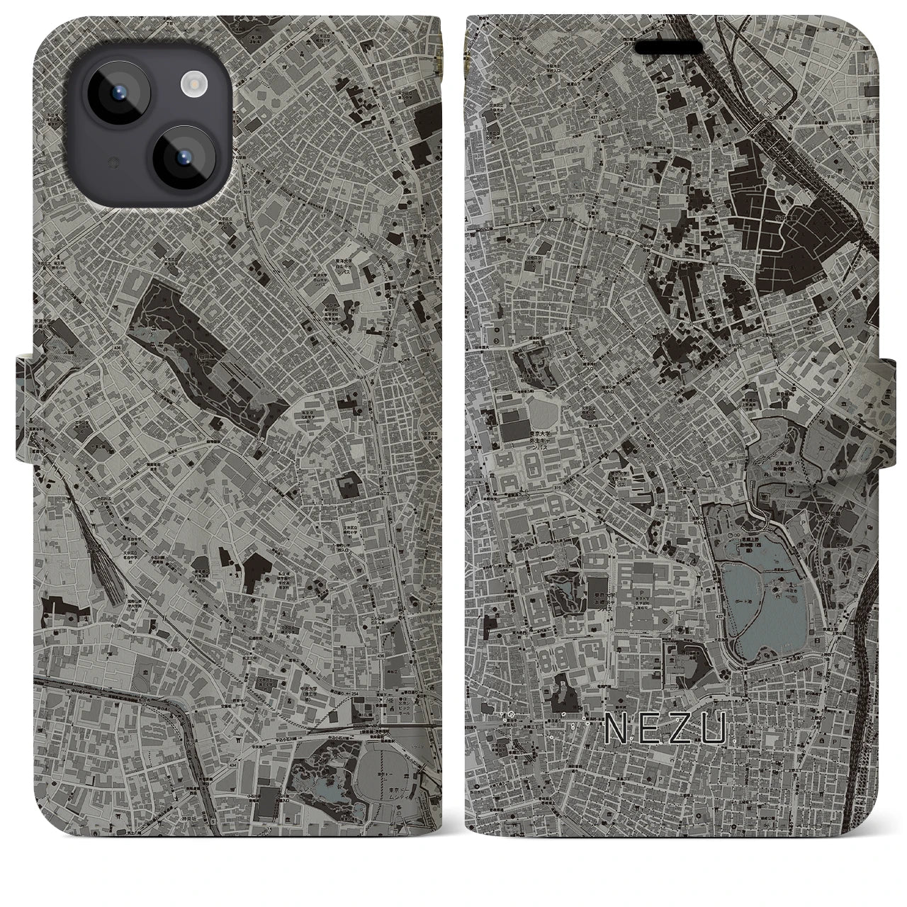 【根津(東京都)】地図柄iPhoneケース(手帳タイプ)モノトーン・iPhone 14 Plus 用
