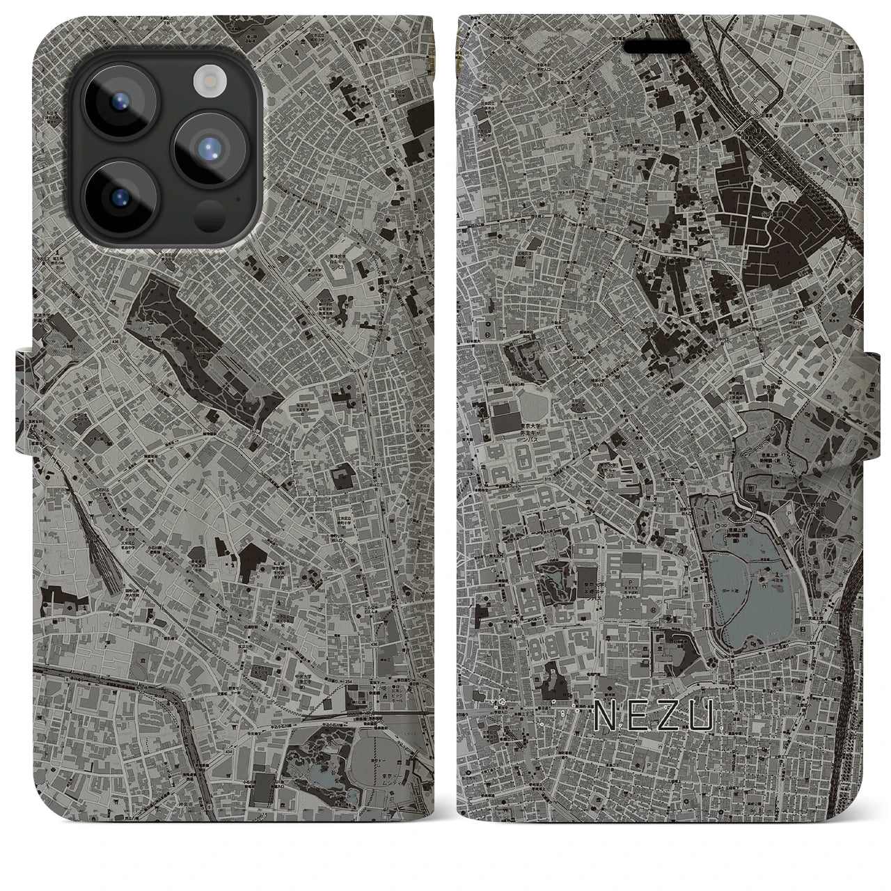 【根津(東京都)】地図柄iPhoneケース(手帳タイプ)モノトーン・iPhone 15 Pro Max 用