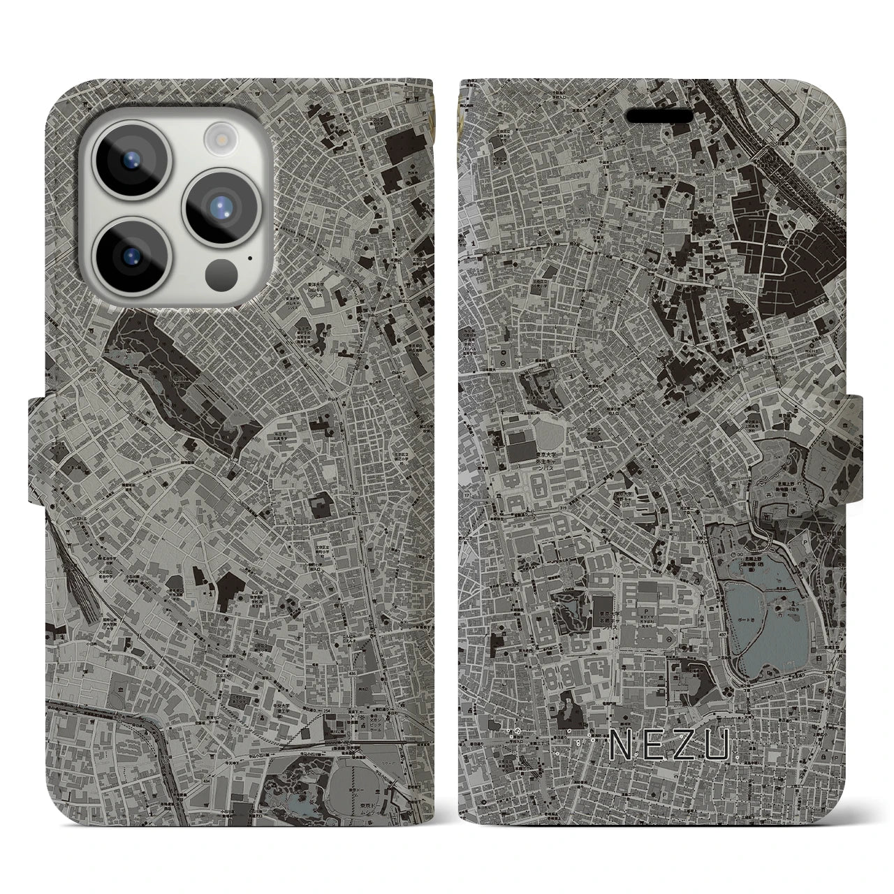 【根津(東京都)】地図柄iPhoneケース(手帳タイプ)モノトーン・iPhone 15 Pro 用