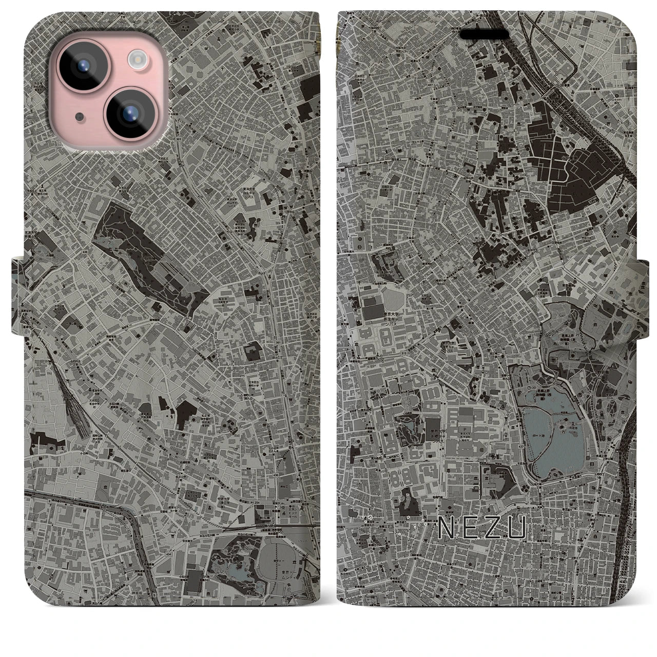 【根津(東京都)】地図柄iPhoneケース(手帳タイプ)モノトーン・iPhone 15 Plus 用