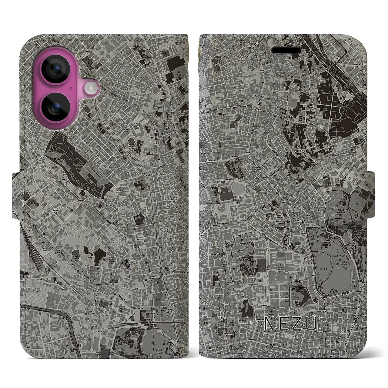 【根津(東京都)】地図柄iPhoneケース(手帳タイプ)モノトーン・iPhone 16 Pro 用