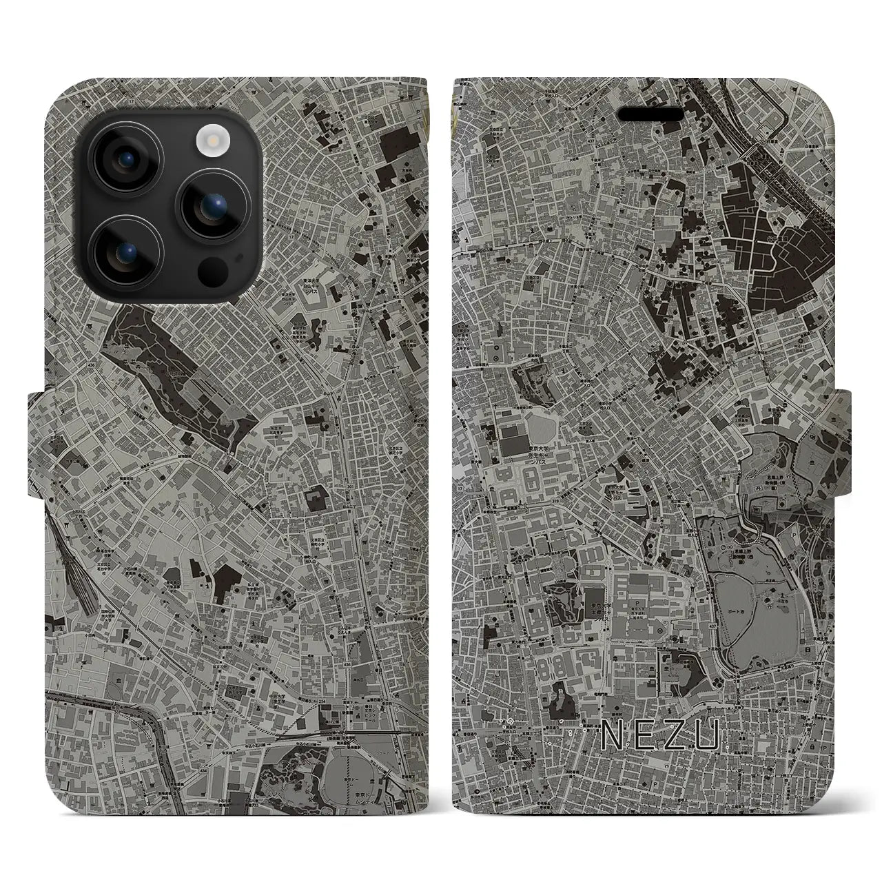 【根津(東京都)】地図柄iPhoneケース(手帳タイプ)モノトーン・iPhone 16 用