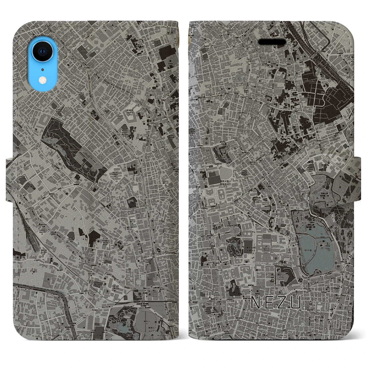 【根津(東京都)】地図柄iPhoneケース(手帳タイプ)モノトーン・iPhone XR 用