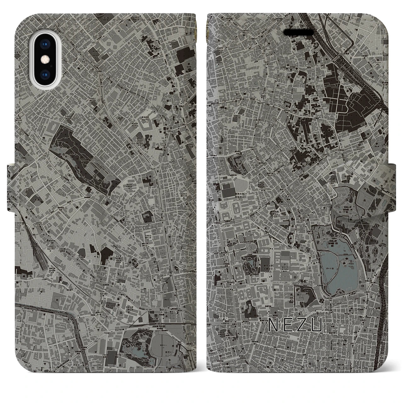 【根津(東京都)】地図柄iPhoneケース(手帳タイプ)モノトーン・iPhone XS Max 用