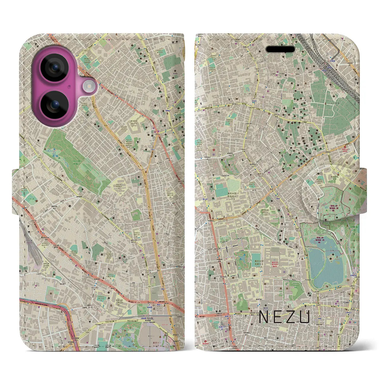 【根津(東京都)】地図柄iPhoneケース(手帳タイプ)ナチュラル・iPhone 16 Pro 用
