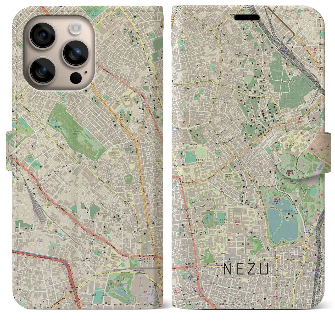 【根津(東京都)】地図柄iPhoneケース(手帳タイプ)ナチュラル・iPhone 16 Plus 用