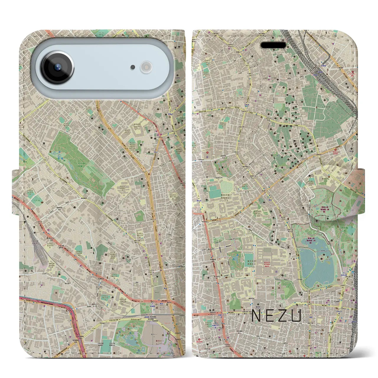 【根津(東京都)】地図柄iPhoneケース(手帳タイプ)ナチュラル・iPhone 17 Pro Max 用