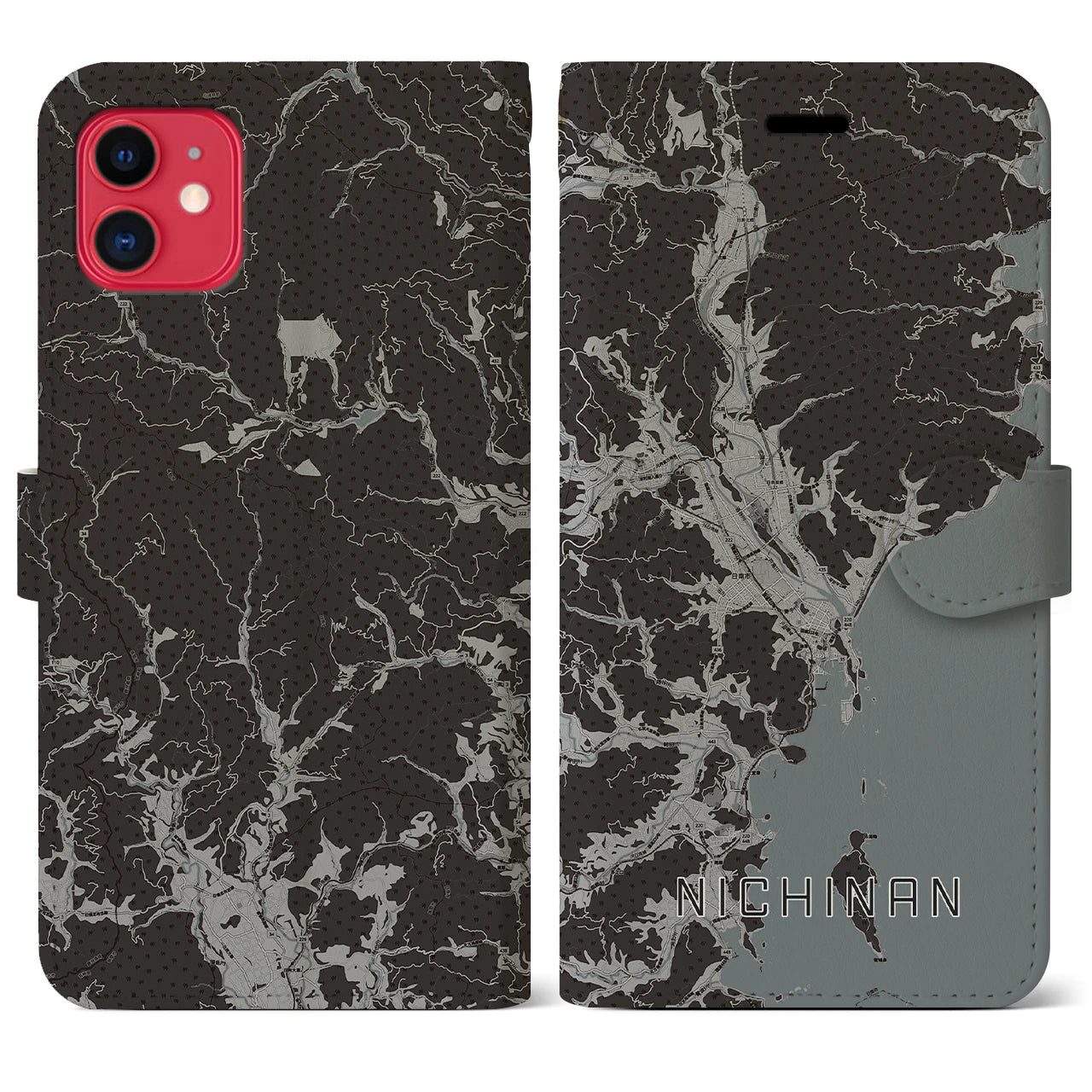 【日南(宮崎県)】地図柄iPhoneケース(手帳タイプ)モノトーン・iPhone 11 用