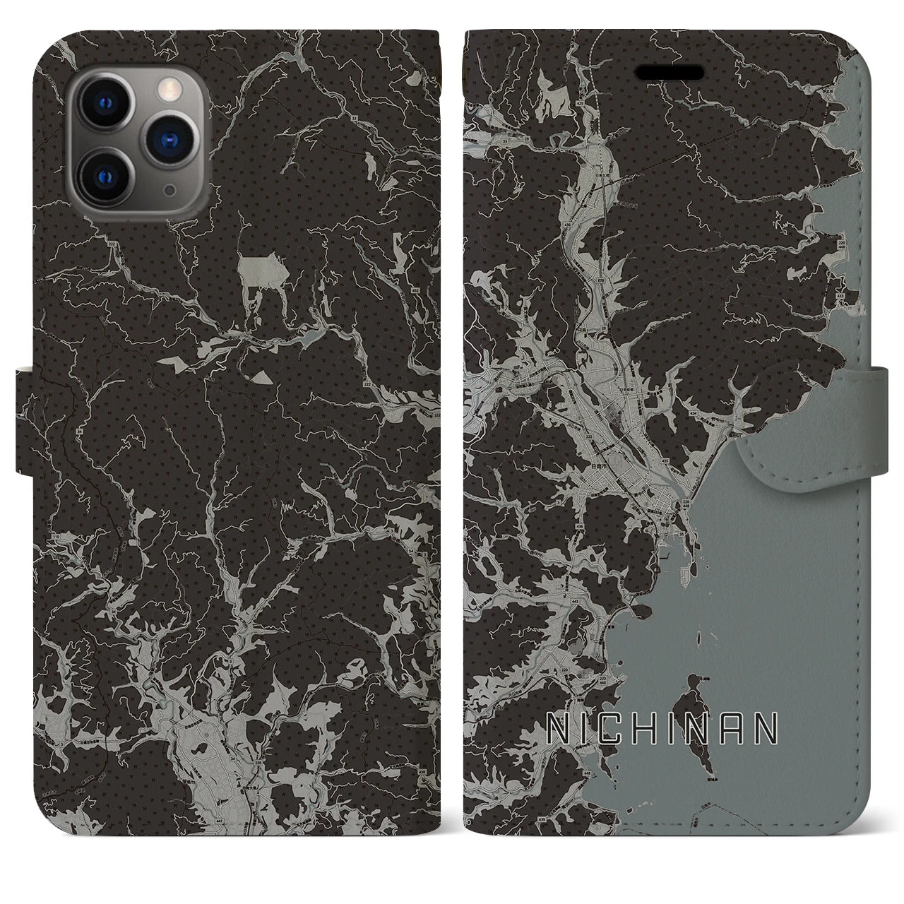 【日南(宮崎県)】地図柄iPhoneケース(手帳タイプ)モノトーン・iPhone 11 Pro Max 用