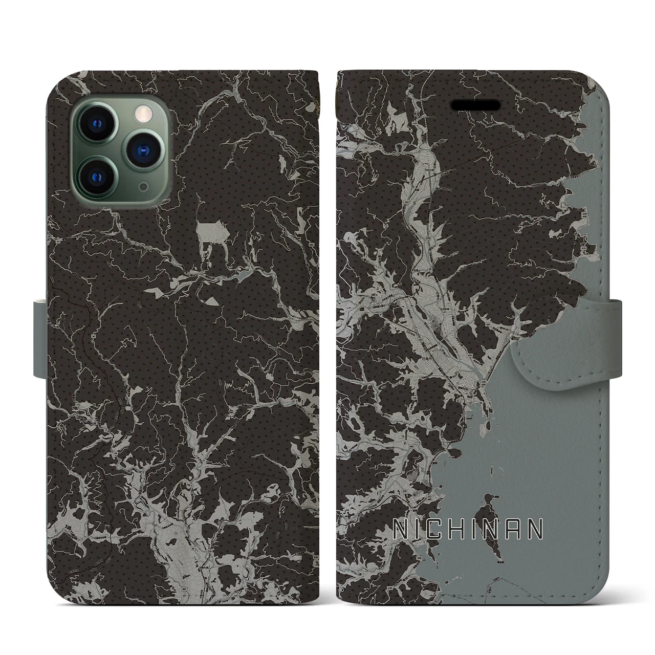 【日南(宮崎県)】地図柄iPhoneケース(手帳タイプ)モノトーン・iPhone 11 Pro 用